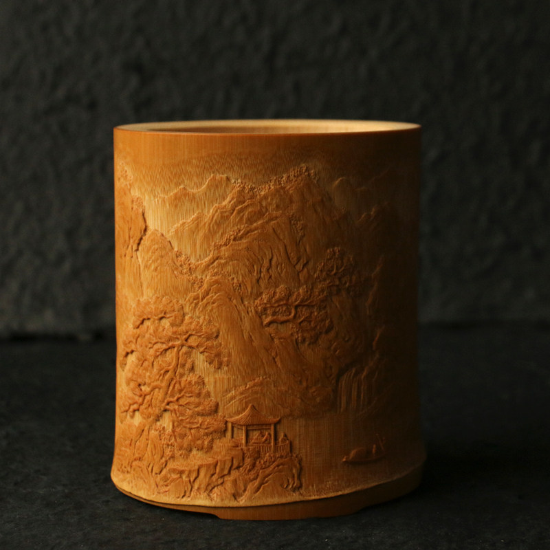 精磨名家三舍纯手工浅浮雕山水风光图老玉竹大笔筒竹雕竹筒小摆件
