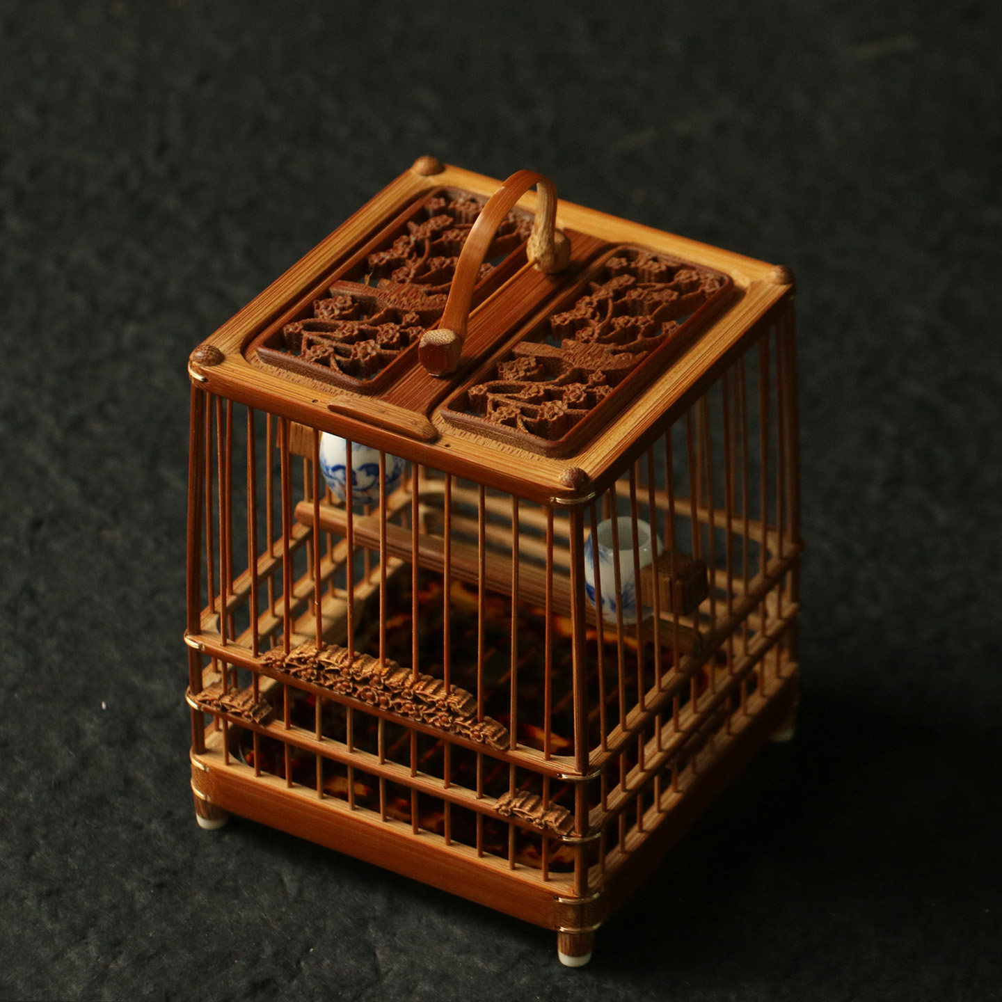 精品徽派名家李永攀纯手工精工制作方形老玉竹蝈蝈笼底部雕花笼子