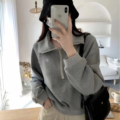 25春夏经典款国内现货RECTO刺绣logo半拉链翻领简约宽松毛圈卫衣