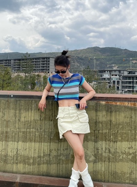 4422设计感潮流欧美辣妹风条纹性感露脐短款修身短袖毛织上衣T