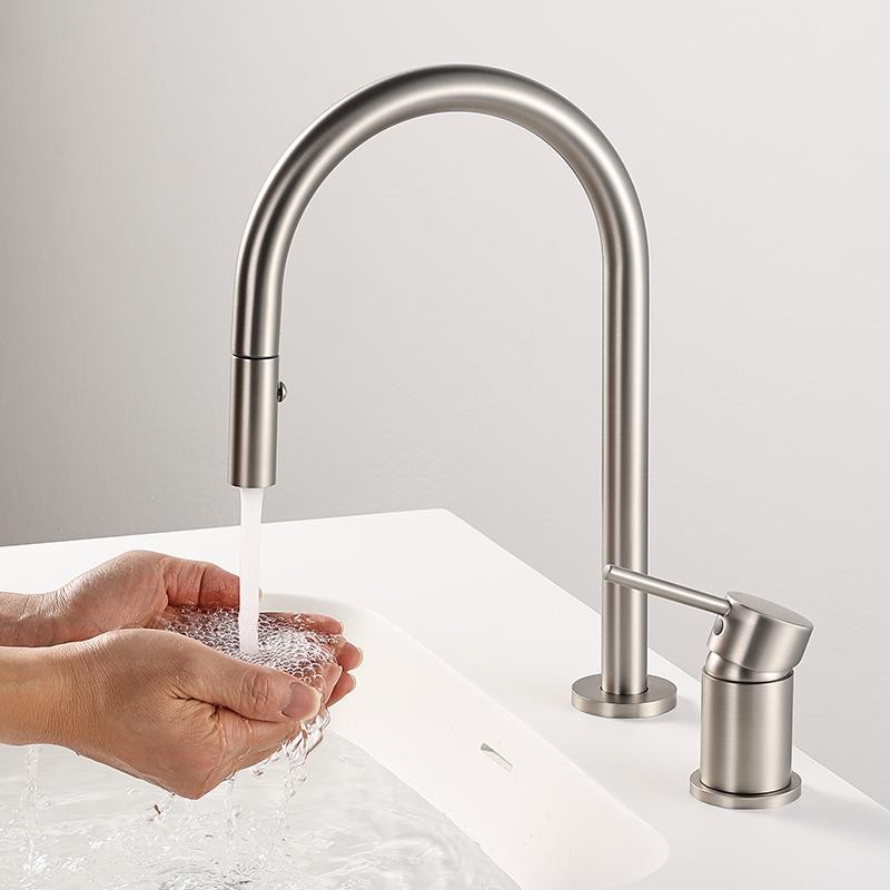 捷仕极简拉丝镍旋转分体式双孔面盆水龙头抽拉洗脸浴室梳洗台全铜