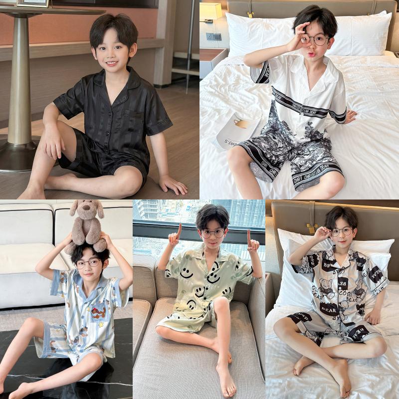 男童真丝条纹凉感家居服套装