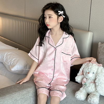 女童冰丝夏季短袖开衫睡衣套装