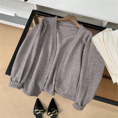 韩版V领纯色针织开衫女秋季新款温柔慵懒风宽松上衣I#5