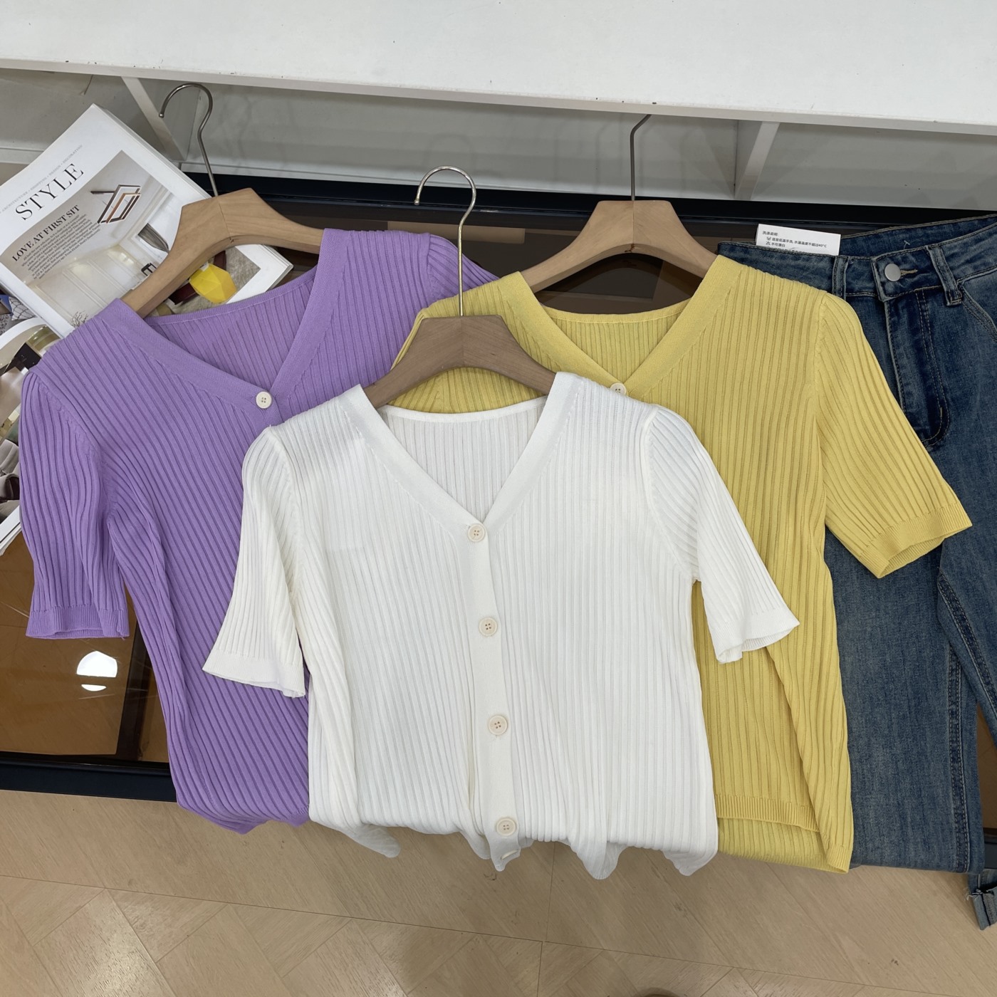 针织衫V领纯色短袖宽松休闲百搭小众上衣秋季新款J#7