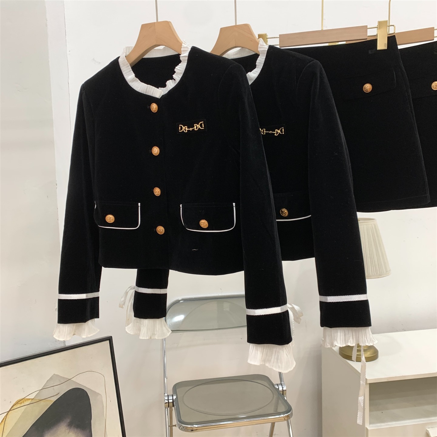 高级感小香风套装时尚百搭外套+纯色简约百搭A字短裙J#28