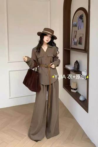 两件套装温柔衬衫女搭纯色松紧直筒裤两件套装L#14