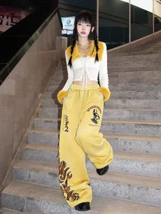 慵懒风街头涂鸦手绘火焰印花百搭垂感阔腿裤 加绒休闲裤 美式