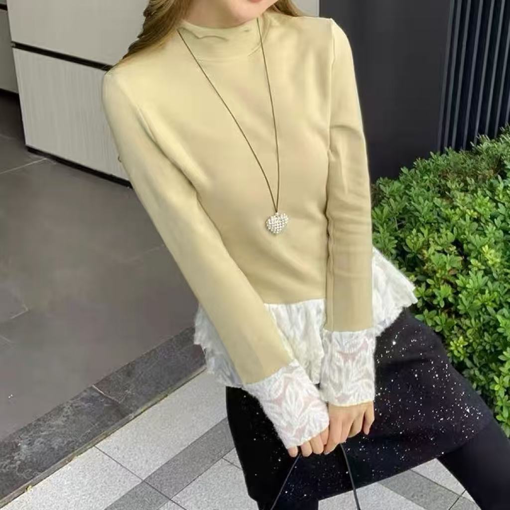 法式修身荷叶边半高领打底衫女秋冬款内搭针织上衣设计感上