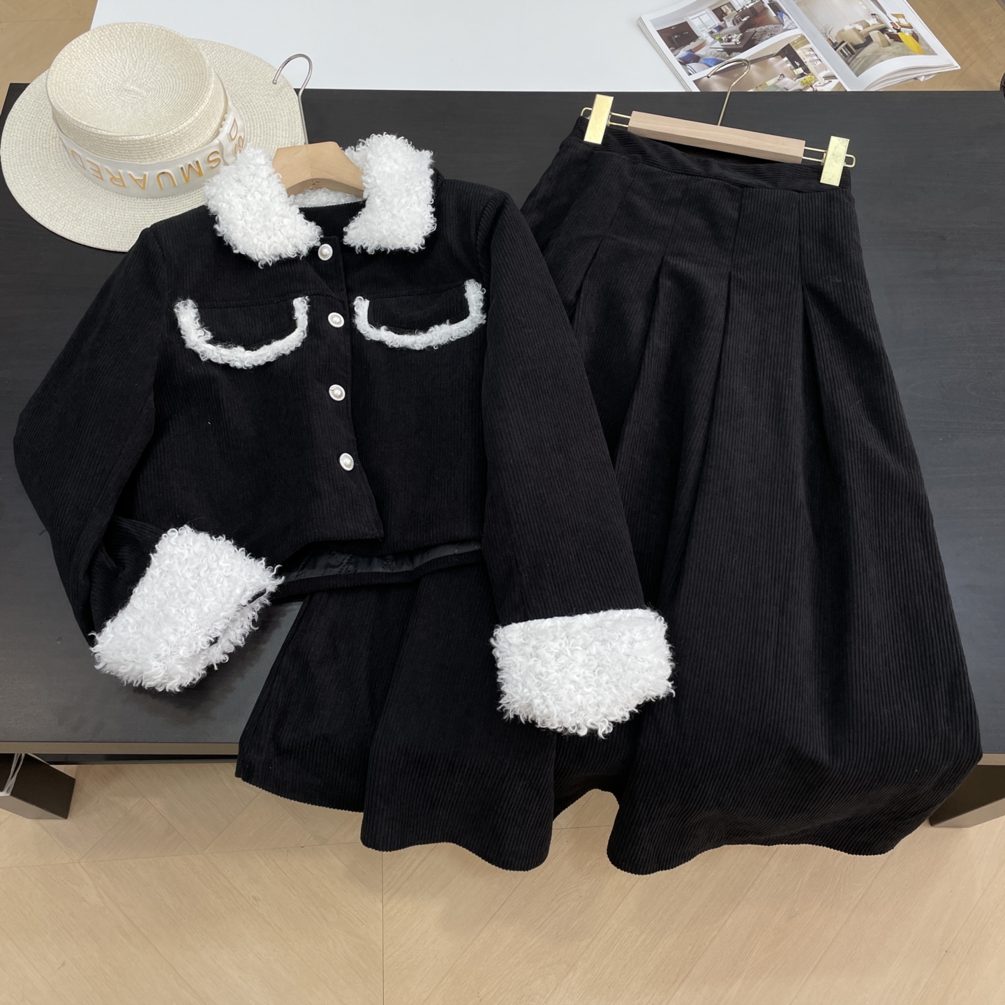 时尚宽松小众气质套装女毛毛拼接长袖外套+高腰显瘦半身裙