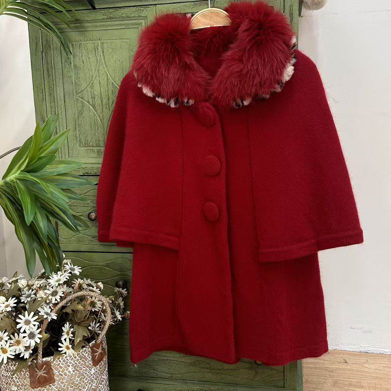 日系出口订单！圣诞新年氛围感细羊毛貂绒A字斗篷