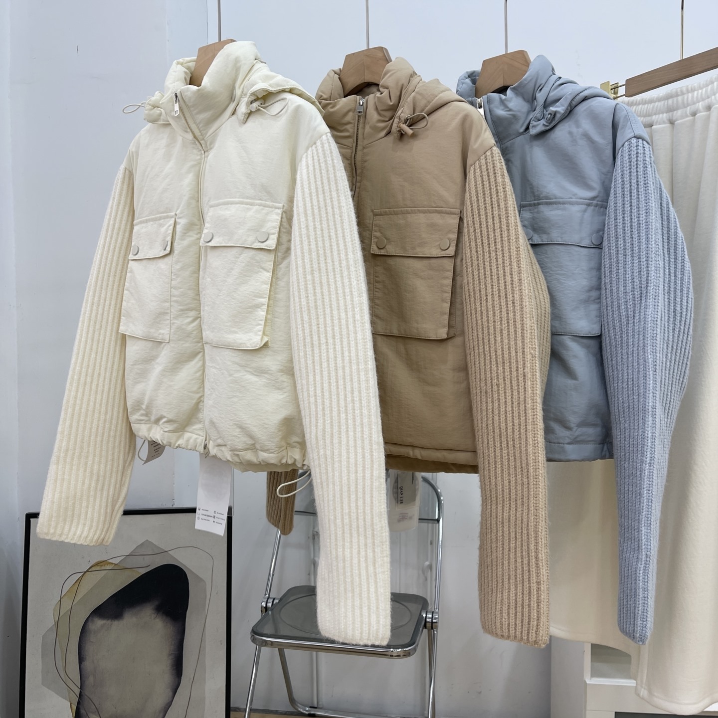 韩系针织拼接轻薄排骨棉服女秋冬季毛衣袖两件棉衣外套L#7