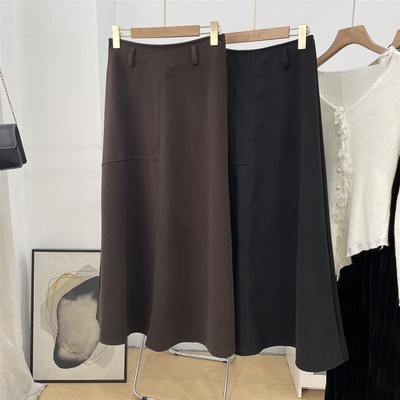 黑色厚毛呢半身裙女秋冬中长款设计感高腰A字包臀半身