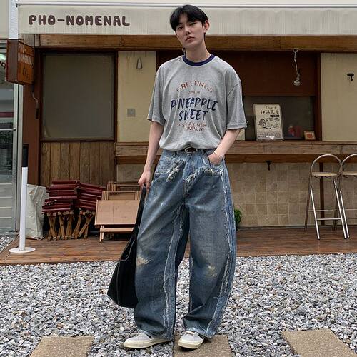3D打印做旧宽松直筒男士牛仔裤