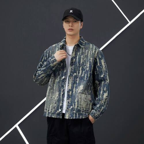 美式复古提花男牛仔衬衫长袖