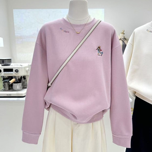 今年流行特惠秋冬新款韩版卡通刺绣加绒加厚休闲外套宽松慵懒圆领