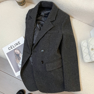 设计感 新款 今年流行特惠灰色内里夹棉毛呢西装 外套女2025秋冬季