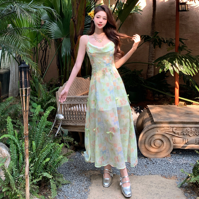 雪纺收腰荡领吊带a字连衣裙夏季一裙三穿法式修身气质裙