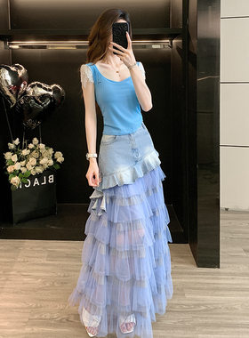 今年流行特惠夏日独特漂亮套装裙子女设计感小众短袖纱网牛仔拼接