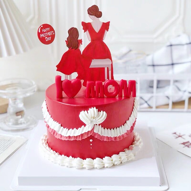 母亲节蛋糕装饰母女背影世界上好的妈妈插件波浪纱丝带烘焙装扮