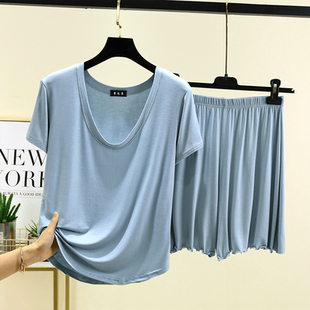 女宽松大圆领睡衣家居服可外穿薄款 套装 两件套 短裤 莫代尔U领短袖