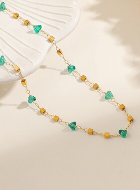 新中式ins小众绿石块钛钢项链小清新甜酷风百搭网红多巴胺锁骨链