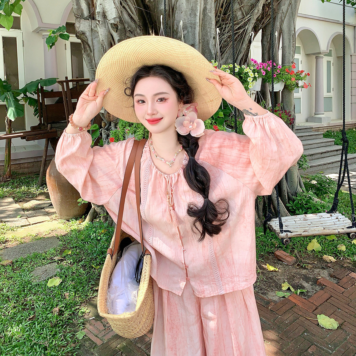麓津自制《夏日珊瑚》亚麻炒色懒人套装少女防晒透气衬衫上衣裤子