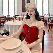 麓津自制 宫廷复古风红色玫瑰鱼骨上衣大摆半身裙子 樱桃玫瑰