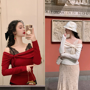 麓津自制《珍珠浮雕》一字肩红白长袖秋冬针织内搭衬衫上衣复古女