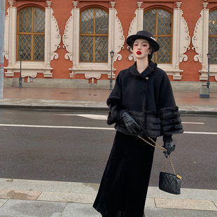 麓津自制《黑道千金》100羊毛仿水貂黑色中古风大衣丝绒半身裙女