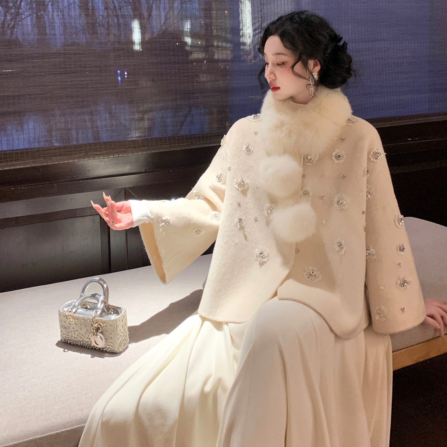 麓津自制《春庭雪》纯手工亮片钉珠100羊毛新中式双面呢外套女,女装/女士精品,毛呢外套,淘宝优惠券,粉丝福利购,淘宝优惠卷