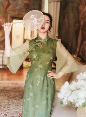 麓津自制《竹枝词》新式夏季倒大袖改良版少女年轻款旗袍连衣裙子