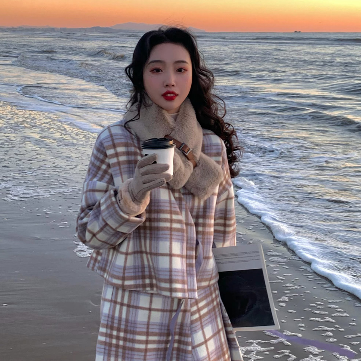 冬季紫色格纹甜美盐系毛呢子外套