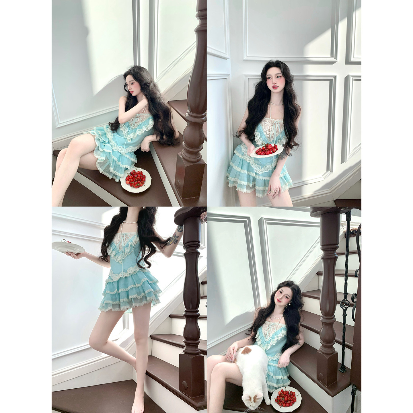 麓津自制《托斯卡纳少女》复古宫廷古典蕾丝吊带上衣半身裙套装女