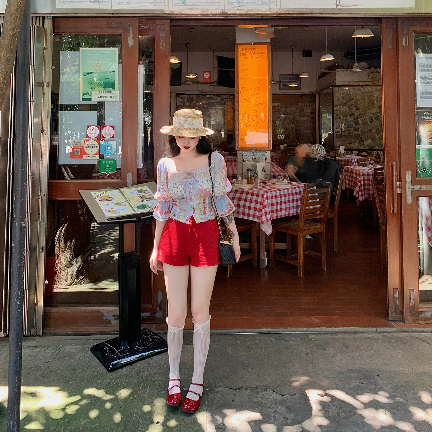 麓津自制《夏日甜茶》法式复古拼花缎面五分袖夏季衬衫短裤套装女