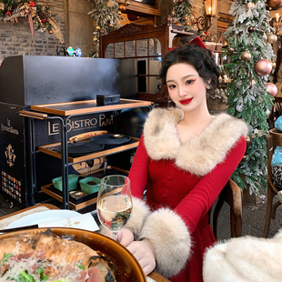 麓津自制《伯爵暖茶》针织毛领上衣酒红色卡其色半裙套装秋冬季女