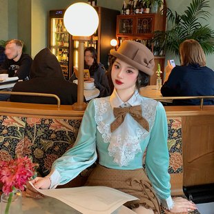 麓津自制《薄荷生巧》法式薄荷绿色丝绒长袖衬衫少女棕色半身裙子