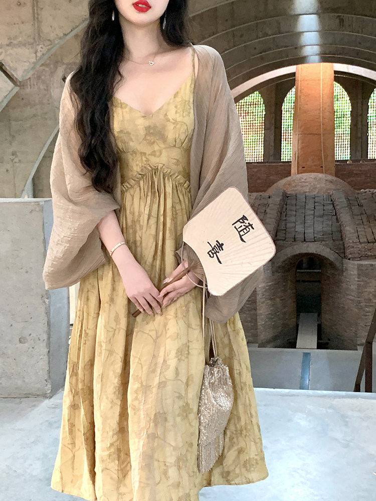 LUJIN의 수제 죽은 나무에 꽃튀김 텐셀 여름 여성 서스펜더 가디건 드레스