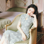 连衣裙子新款 麓津自制 旗袍少女年轻款 薄荷绿色钉珠改良版 山茶