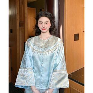 麓津自制《玉生烟》珍珠流苏金线提花闺秀千金新中式早餐外套套装