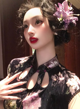 麓津自制《夜上海》复古优雅丝绒印花旗袍裙子披肩气质两件套女