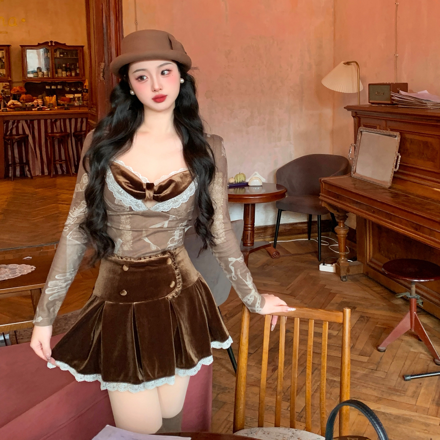 麓津自制《黑巧蕾丝派对》甜美少女上衣优雅复古棕色浪漫半身裙子