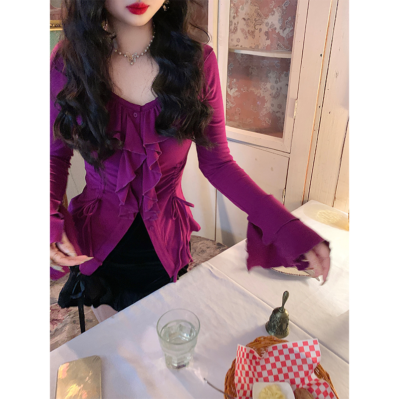 麓津自制《葡萄龙舌兰》显白抓绒｜紫色曲线美少女感衬衣衫秋冬季