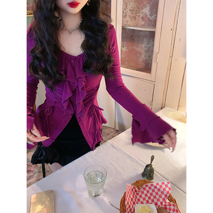 麓津自制《葡萄龙舌兰》显白抓绒｜紫色曲线美少女感衬衣衫秋冬季