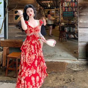 麓津自制《炙热玫瑰》法式复古修身显瘦V领气质红色春夏连衣裙女