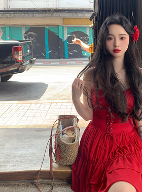 麓津自制《泰兰德红玫瑰》法式露背春夏季少女蛋糕短款无袖连衣裙