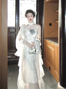 麓津自制《富养白玫瑰》珠光纱银片玫瑰清冷贵气开衫旗袍仙仙少女