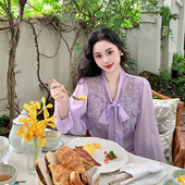 蕾丝刺绣银丝雪纺飘带优雅上衣衬衫 法式 女 薰衣草之风 麓津自制