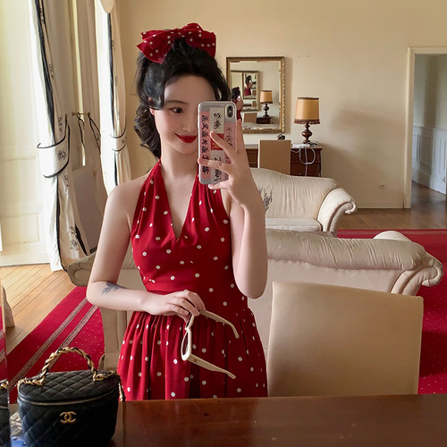 麓津梦露裙法式红色波点连衣裙