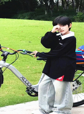 潮牌X家POLO衫长袖洋气街舞男女童2026春装新款大童高街韩版亲子